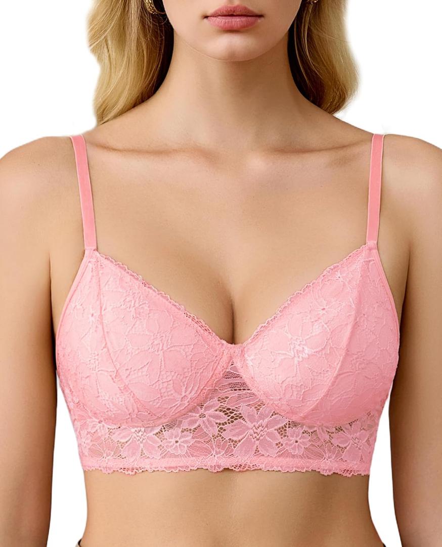 Avidlove Lace Bra Sexy Bralettes Womens Wireless Balconette Bras Half Cups Double-Layered Soft (Pink, M)