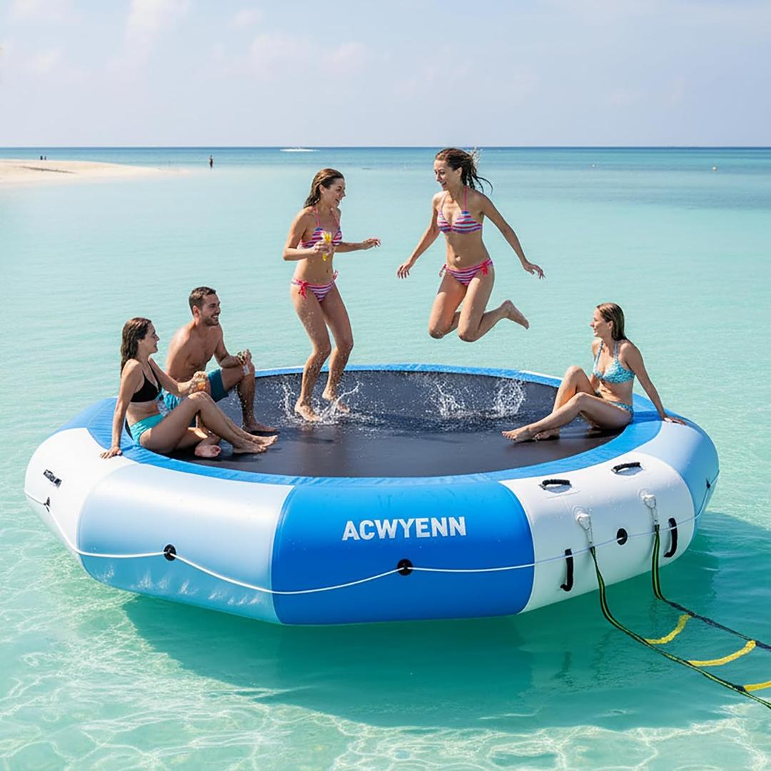 15FT Inflatable Water Trampoline for Lake Without Pump Blue | Floating Water Trampoline with Rope Ladder and Mooring Ropes