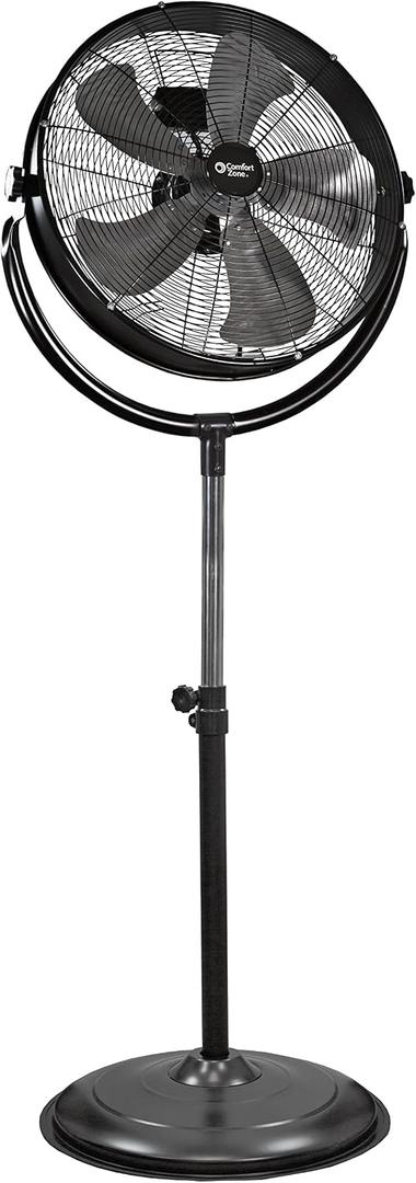 Comfort Zone 20-Inch High-Velocity Industrial Pedestal Fan Heavy-Duty All-Metal Shop Fan with Aluminum Blades, 3-Speed Slim Profile Stand Fan, 180 Tilt & Adjustable Height for Garage or Warehouse
