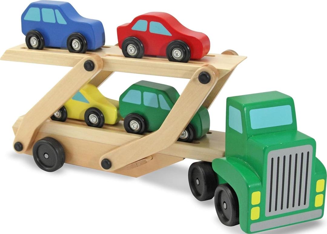 Melissa & Doug Car Carrier Truck and Cars Wooden Toy Set with 1 Truck and 4 Cars 5.75" x 12" x 3"
