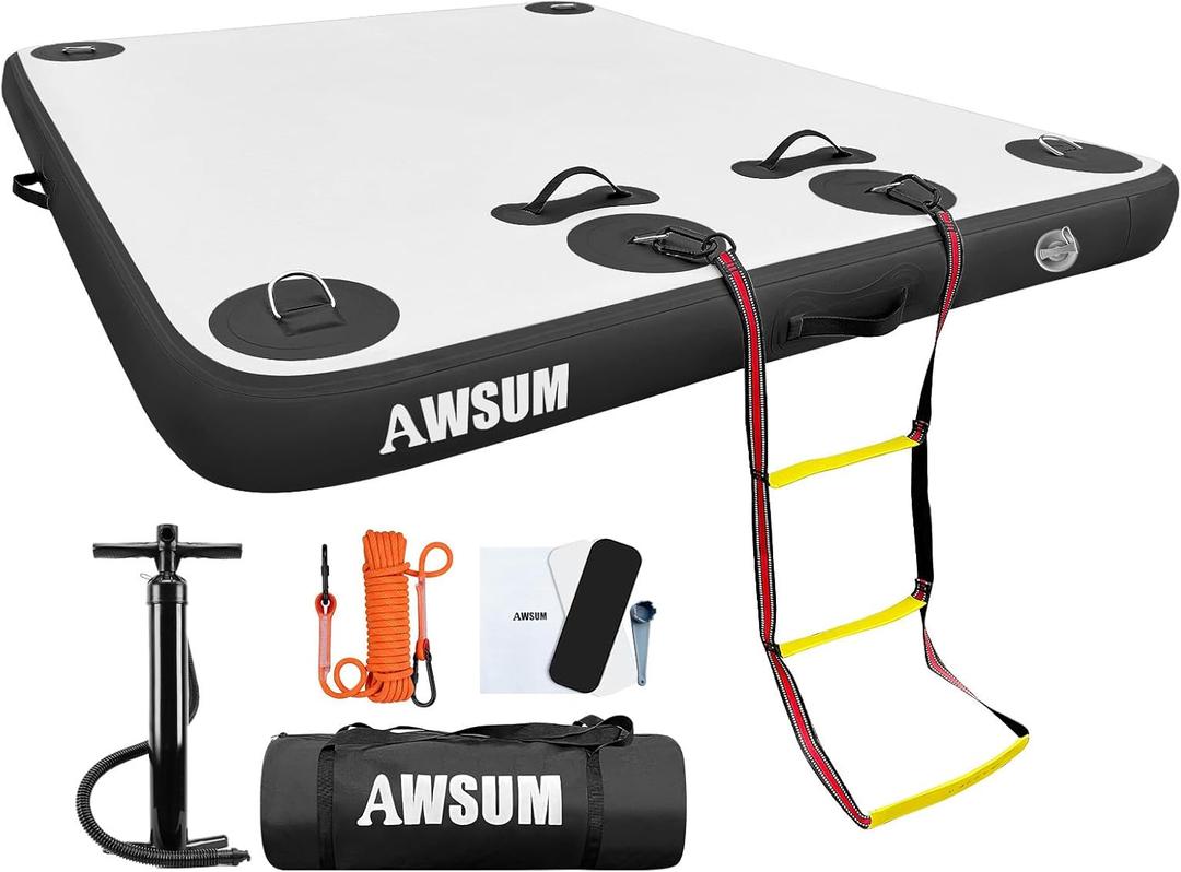 AWSUM Inflatable Floating Dock Air Dock Platform Floating Island Raft with None-Slip Surface for Pool Beach Ocean (5  6 ft, Black)