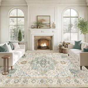 10x14 Living Room Rug - Extra Large Washable Non Slip Vintage Rugs Low Pile Stain Resistant Distressed Carpet for Bedroom Dining Room Home Office 10'x14' Green/Beige