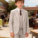 Herringbone Tweed 3 Piece Boys Suits Wool Blend Formal Party Dinner Tuxedo Set Outfit Suit Kids Suit Jacket Blazer Vest Pants for Boy Beige 5