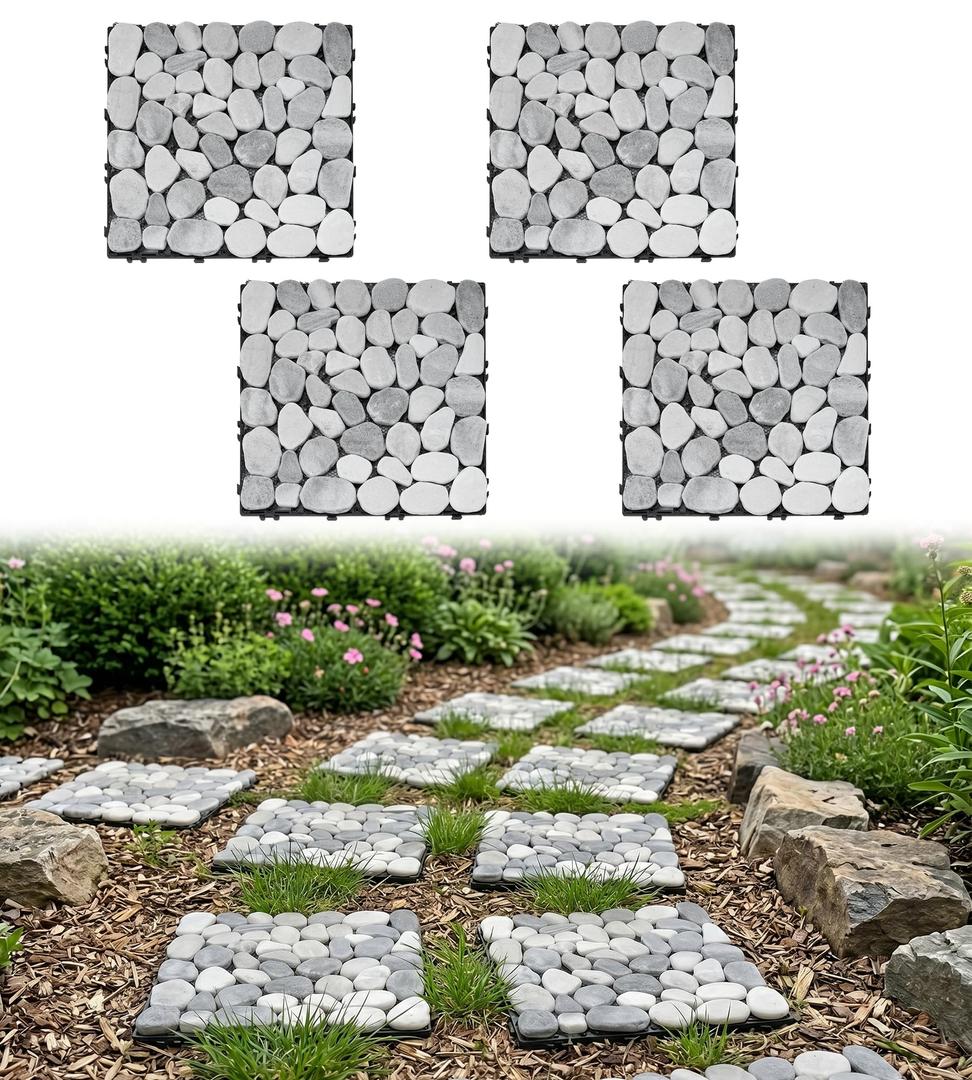 jxgzyy 4 Pcs Interlocking Stepping Stones Outdoor for Garden, 11.8" Square Pavers for Landscaping, Outside Pebble River Stone Mat for Yard Lawn Patio Pathway Walkway, DIY Landscape Decor - Light Grey
