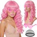 Pink Wavy Long Wig with Bangs Heart Sunglasses for Women, ROOKEA Neon Curly Funny Wigs Natural Looking Synthetic Hair for Valentine's Day Bachelorette Party Clubs Photography Halloween Cosplay Costume