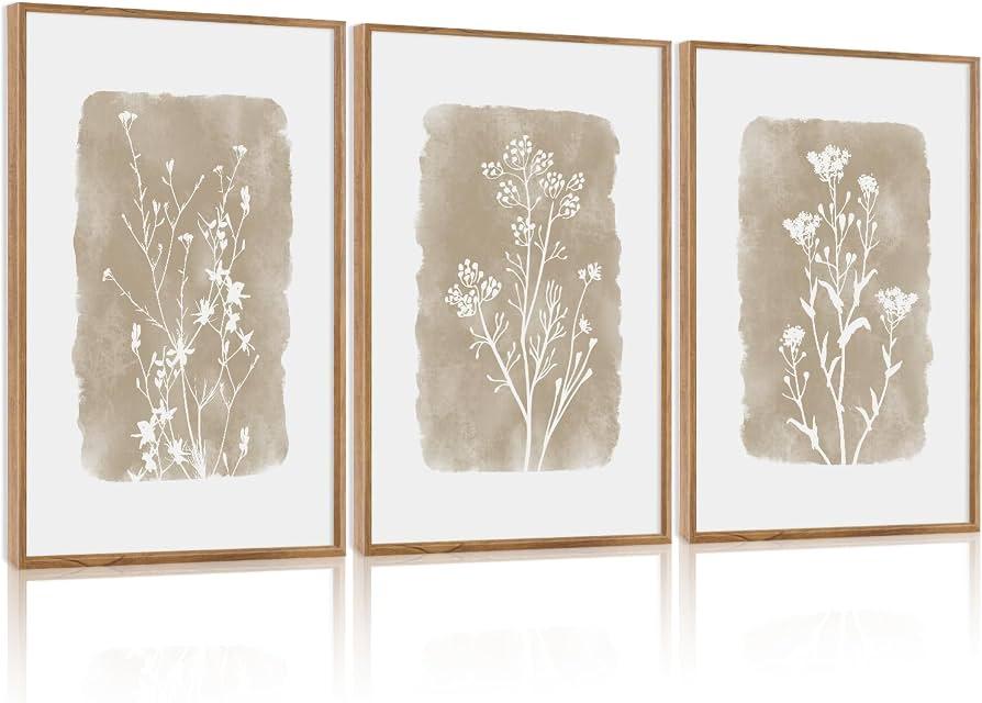 CHDITB Vintage Floral Framed Canvas Wall Art Set Of 3, Minimalist Wall Decor, Nature Inspired Wildflower Wall Painting, Neutral Botanical Flower Art Prints For Dining Room Bedroom Decor(12X16 Inch)