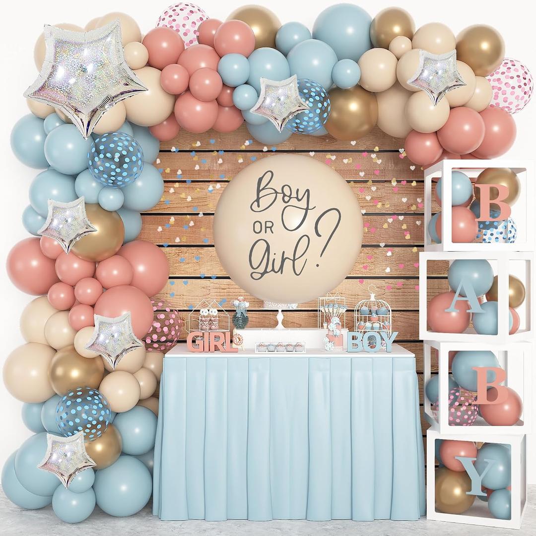 Amandir 164PCS Gender Reveal Balloon Boxes Decorations, Dusty Pink and Blue Balloon Garland Kit 4pcs Boxes with Letters (A-Z+ Baby) for Baby Shower Birthday Boy or Girl Gender Reveal Party Supplies, 18in, 24in