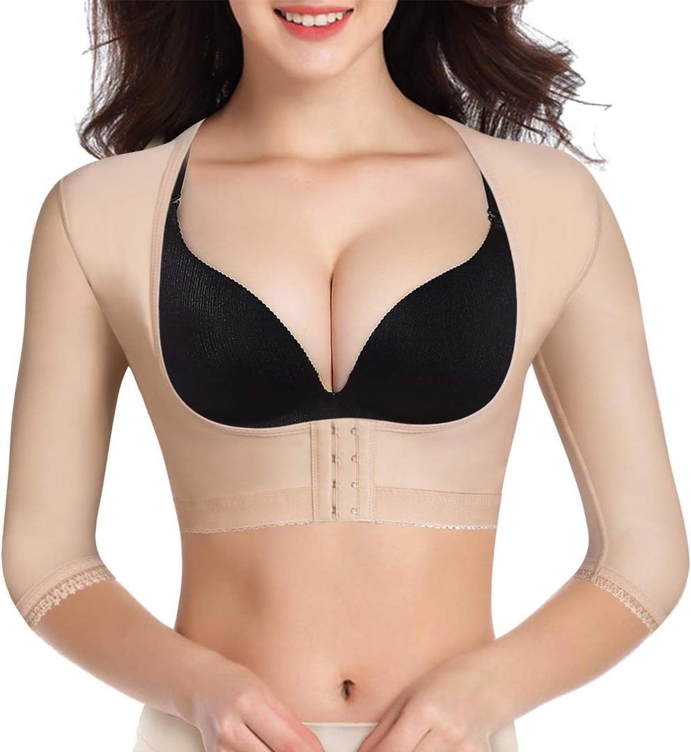 BRABIC Upper Arm Shaper Post Surgical Slimmer Compression Sleeves Posture Corrector Tops Shapewear for Women (Large, Beige Half Sleeve)