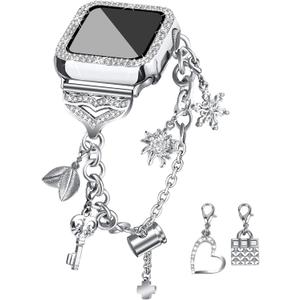 JOYOZY Band Compatible with Apple Watch 38mm 40mm 41mm 42mm 44mm 45mm 46mm, Bling Strap with Glitter Case Built-in Screen Protector, Interchangeable Charms Dressy Bracelet for Women (Silver)