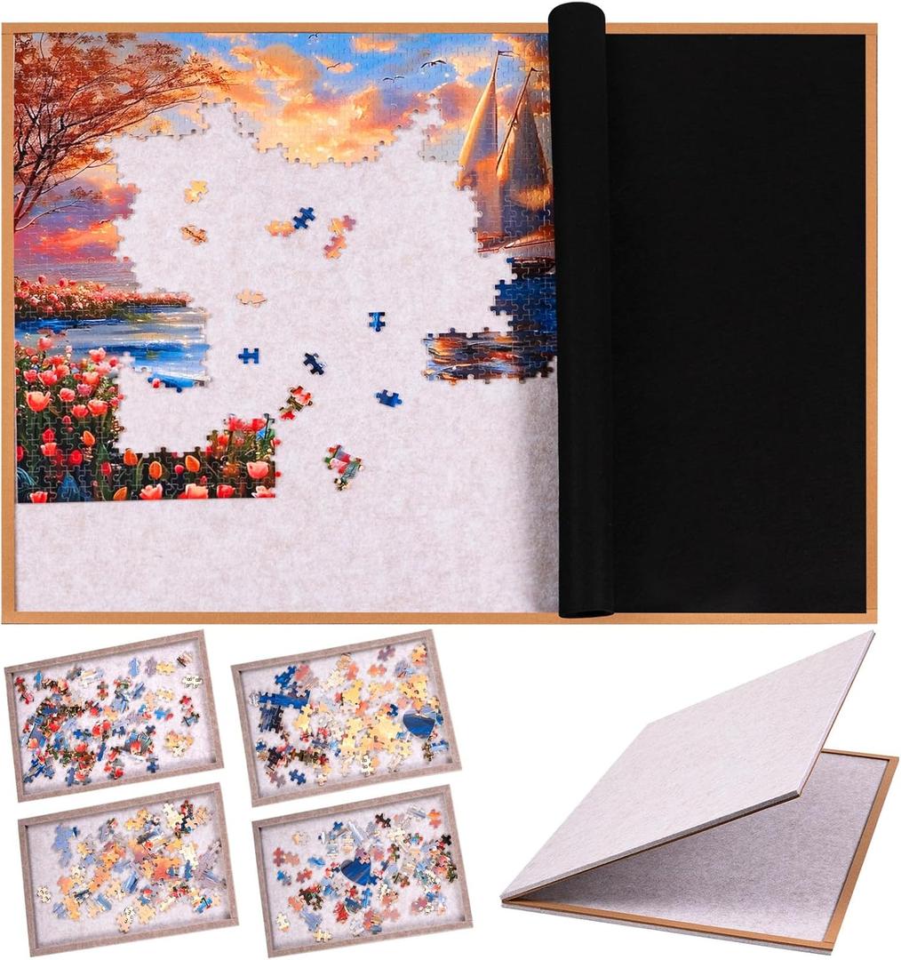 Puzzle Board for 1500 Pieces, Foldable Jigsaw Puzzle Board 35.4" x 26.18" with 4 Sorting Trays, 2-in-1 Folding Puzzle Table, Felt Puzzle Mat, Portable Puzzle Organizer Storage Board for Adults