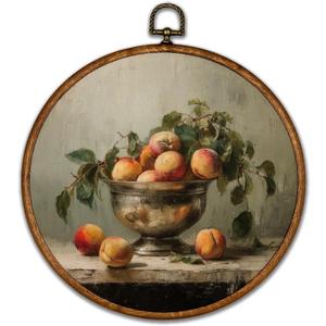 BCUANGD Vintage Peach Round Wall Art Decor - Retro Still Life Food Wall Art Canvas Frame Artwork Prints, Rustic Country Bakery Round Wall Hanging Decorations for Kitchen Home, 10"x10" (Bread-9)