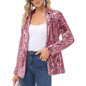 KANCY KOLE Women's Sequin Jackets Open Front Blazer Jacket Casual Long Sleeve Sparkly Cardigan Coat with Pocket S-XXL (Pink)