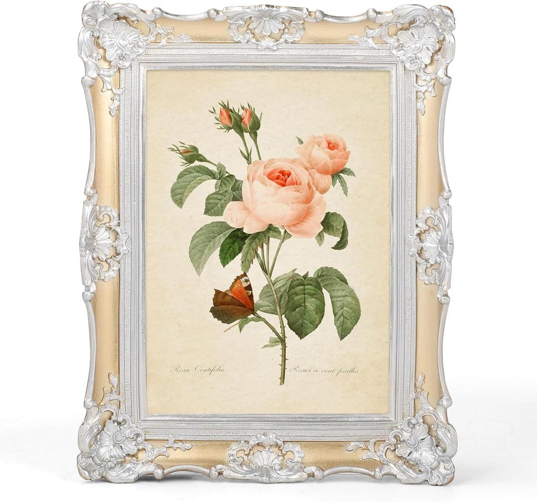 EXYGLO 5x7 Vintage Polystone Picture Frame, 5 by 7 Gold Ornate Antique Frame with Silver Trim, Retro Frame for Desktop or Wall Display, Horizontal/Vertical