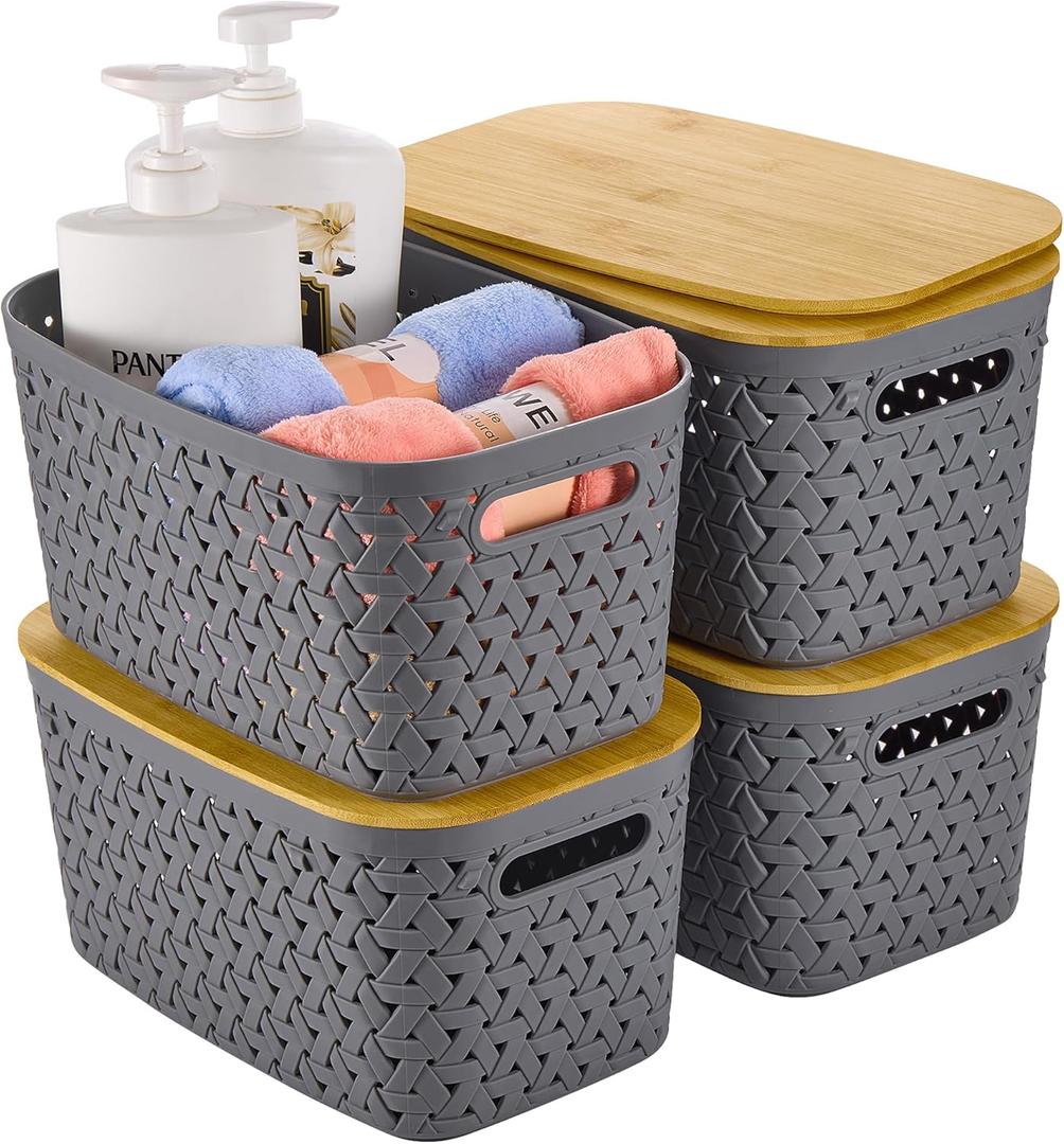 Plastic Storage Bins with Bamboo Lids 4 Packs - Pantry Organization and Storage Containers Storage Baskets: Stackable Storage Bins for Shelves Drawers Closet Office 11.9 x 7.7 x 6.3 inch (Gray)