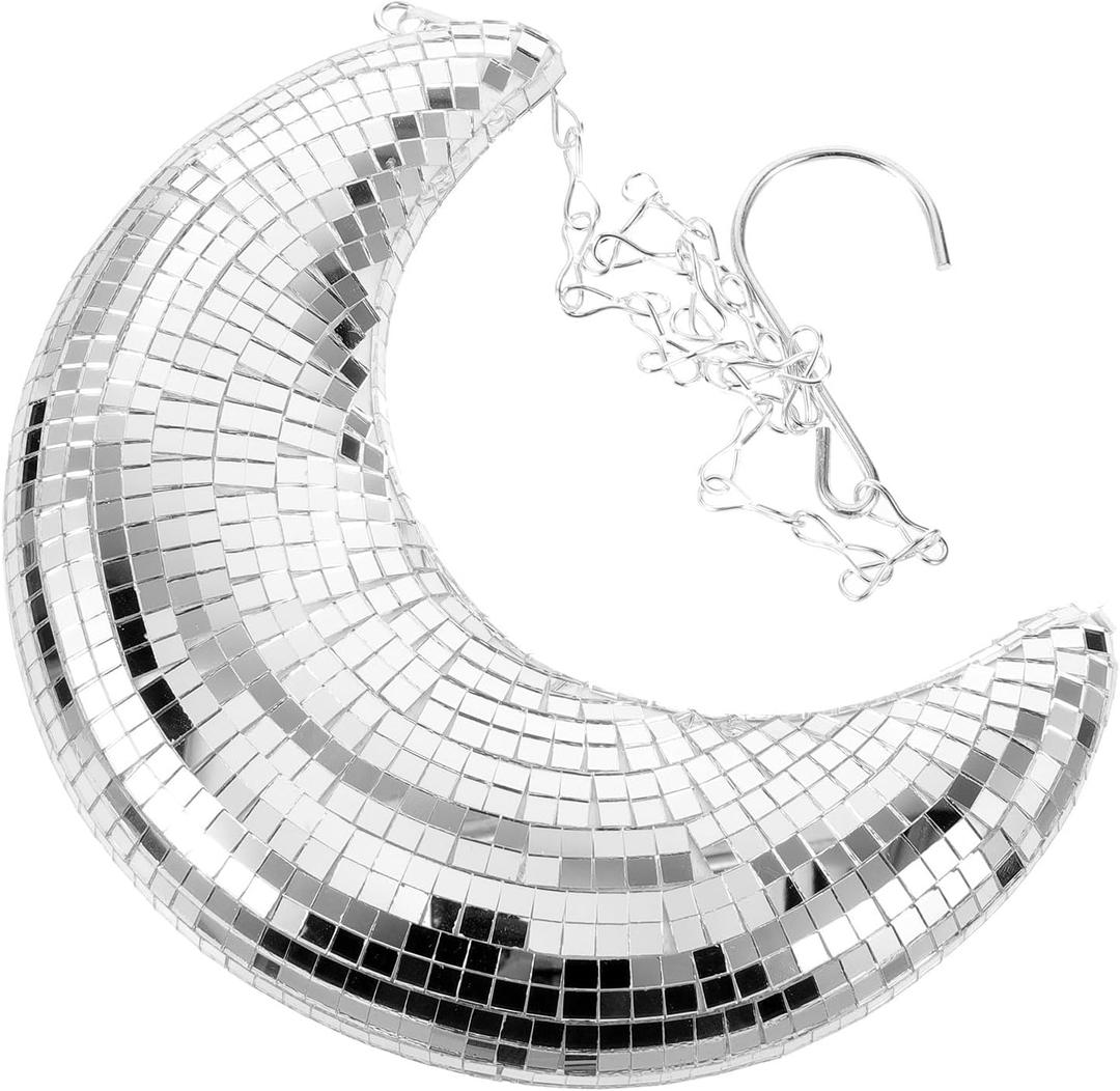 Cabilock Silver Mirror Disco Ball Moon Ornament, Retro Reflective Glass Hanging Decoration, Moon Wall Pendant Photo Props Home Decor for Bar, Party, Wedding, Dance, Events