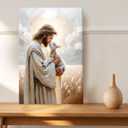 FWAHREN Christian Jesus and Lamb Canvas Wall Art, Good Shepherd Religious Painting Artwork, Framed Biblical pictures Poster Print Wall Decor for Church Prayer Room Home Office, Wrapped Canvas 16x24in