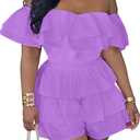Geulis Womens Boho off Shoulder Rompers Summer Ruffle Dresses Short Sleeve Tiered Short Jumpsuits (XX-Large, 2-purple)