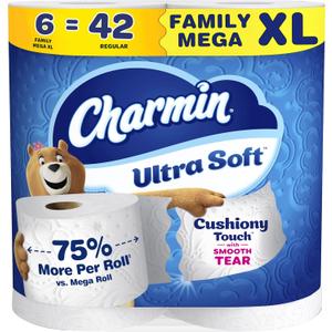 Charmin Ultra Soft Cushiony Touch Toilet Paper, 6 Family Mega XL Rolls = 42 Regular Rolls