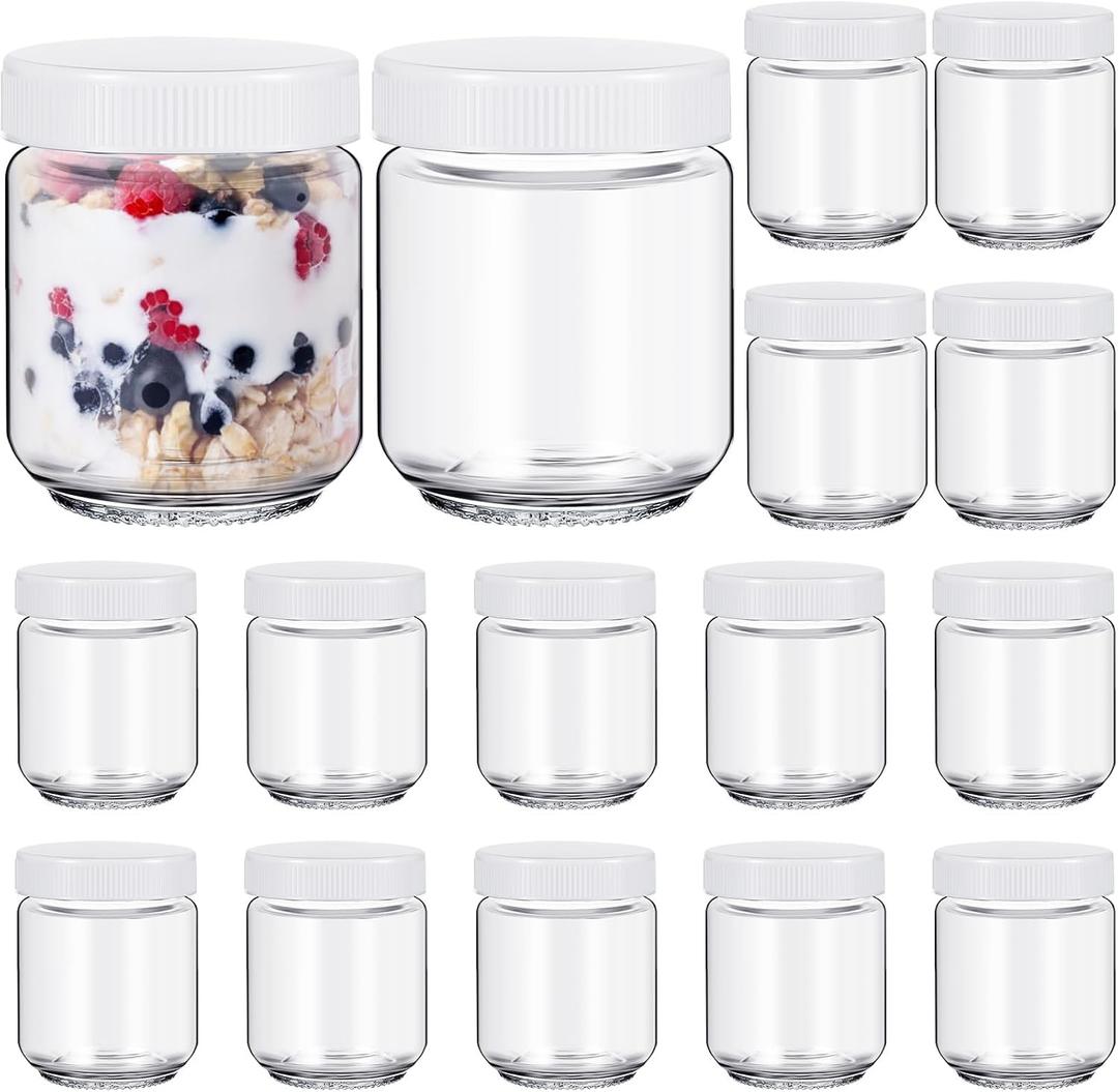 Baderke 16 pcs Overnight Oats Containers with Lids, Glass Jars for Yogurt Maker Reusable Glass Mason Jars Canning Yogurt Container for Chia Pudding, Salad, Parfait, Snacks, Spice (6 oz)