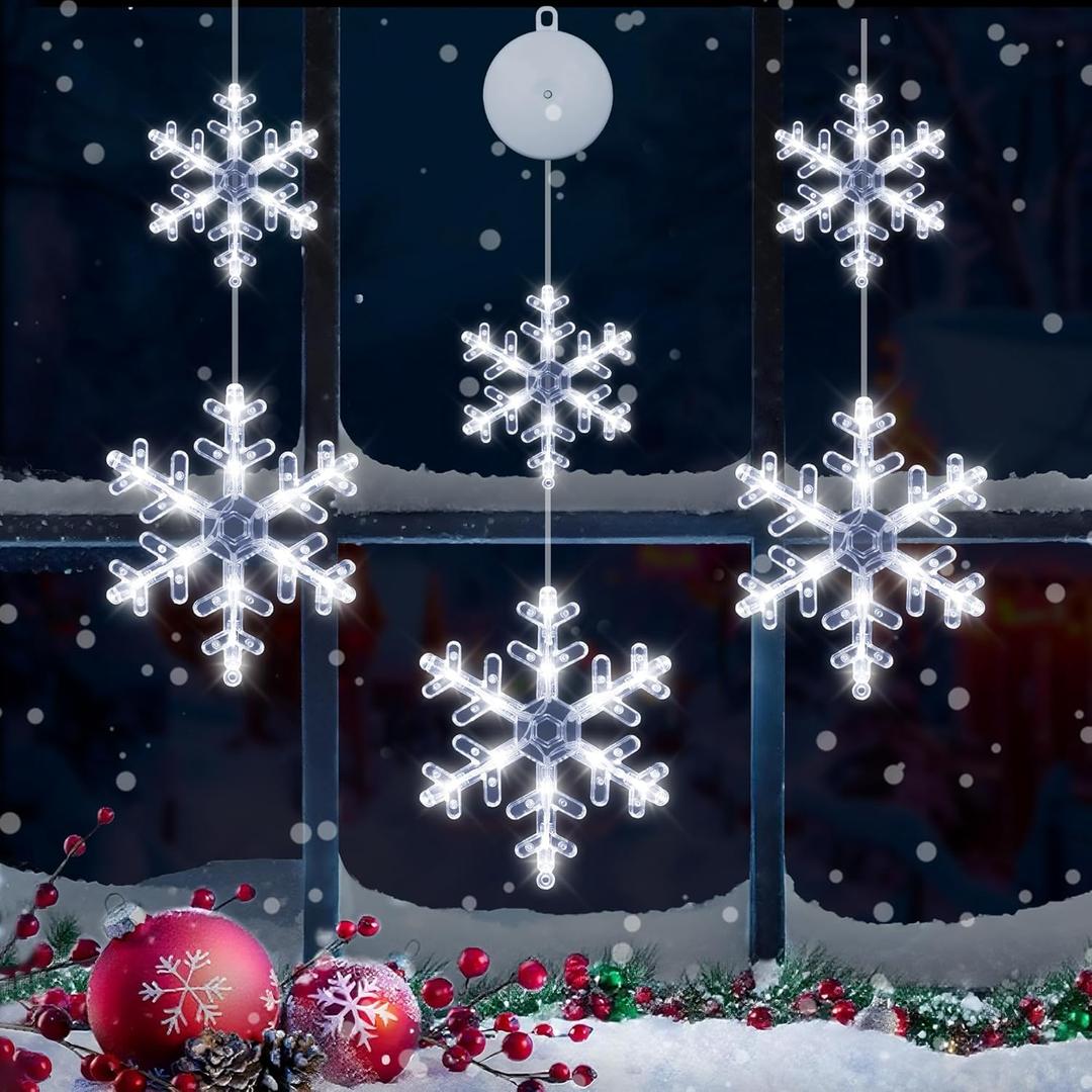 Christmas Window Decorations, 3 Pack Snowflake Christmas Window Lights with Suction Cup, Hanging LED Battery Operated Xmas Lights Indoor Xmas Tree Fireplace Home Party Decor