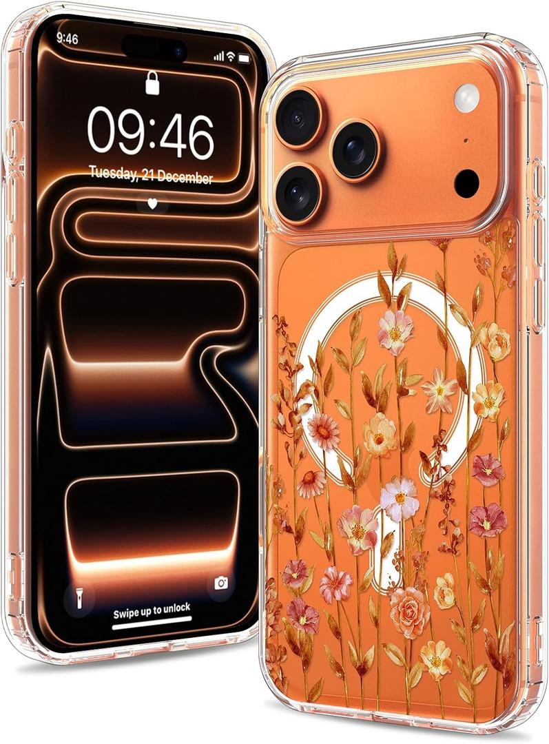 Magnetic for iPhone 17 Pro Max Case [Compatible with MagSafe] Cute Orange Floral Flower Pattern Design, Clear Slim Shockproof Protective Phone Cover for Women Girls