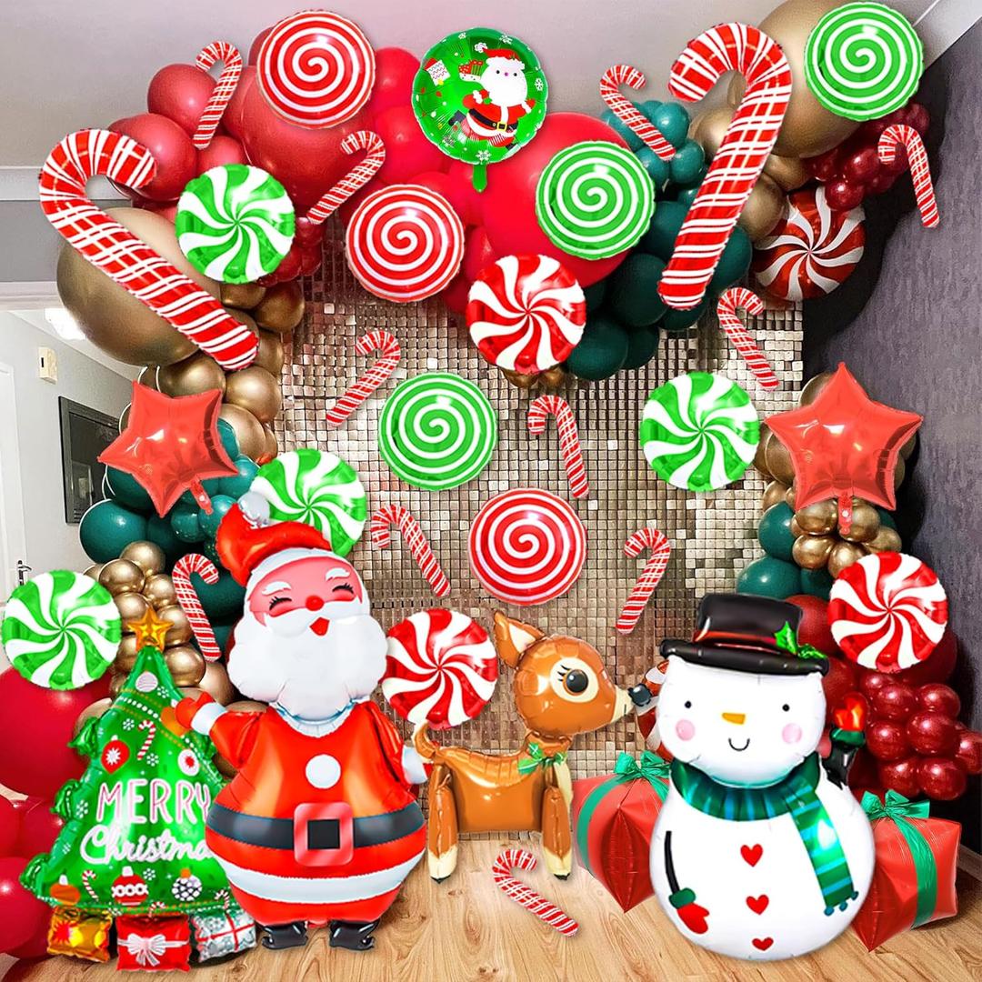 M&G House 36 Pcs Foil Balloon Set Giant Santa Claus Snowman Balloons Large Candy Cane Swirl Mylar Balloons B'day Candies Party Decor Star Gift Box Elk Xmas Tree Mylar Balloons Decor, Red&green