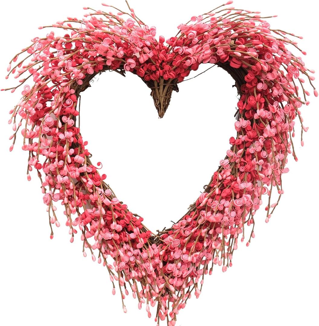 idyllic Heart Valentine Wreath Handmade Red Berry Leaves Heart Shaped Wreath Rustic Twig for Door Decorative 18 Inches Wedding Valentine Decoration