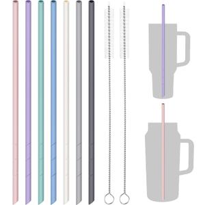 NiHome 14" Silicone Straws 7-Pack for Stanley Cups and Large Bottles, Customizable Length Food-Grade Reusable Straws with 2 Cleaning Brushes, Soft and Flexible for 24-128 oz Bottles (Macaron Colors)