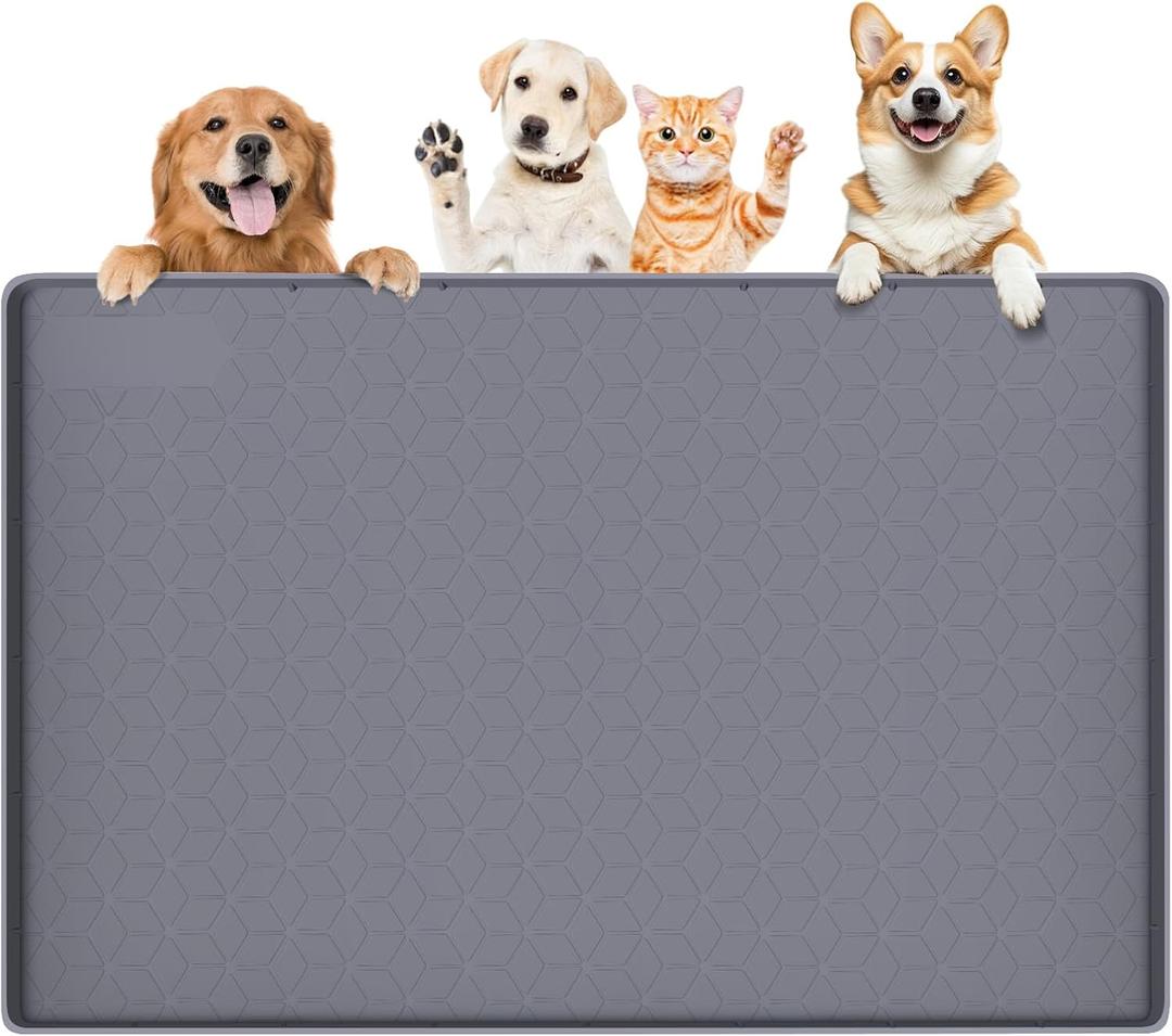 Dog Food Mat, Extra Large 34" x 22" Silicone Pet Feeding Mat with Raised Edge Pet Placemat for Small, Medium, and Large Pets Non-Slip, Easy to Clean (Dark Grey)