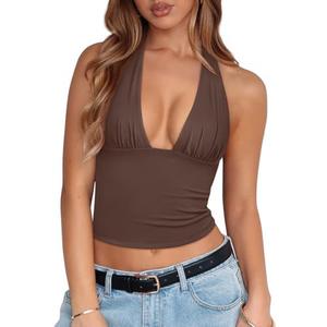 REORIA Women's Halter Tops Plunge Neck Backless Double Lined Sexy Going Out Crop Tops Summer Outfits 2026 XL