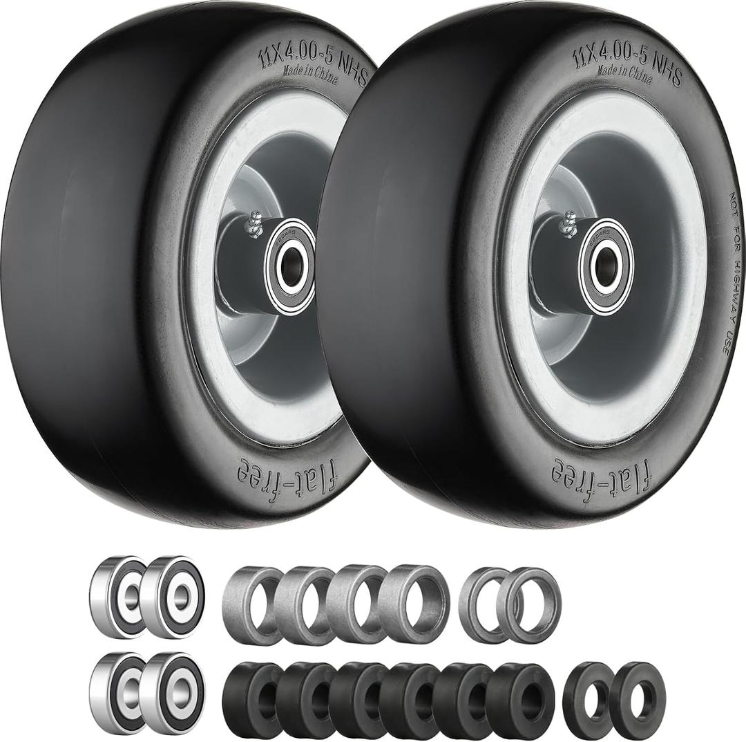 11x4.00-5 Lawn Mower Tires Flat Free Gray Rim with 3/4", 5/8" and 1/2" bearings, 3.6"-6.7" Centered Hub, 11x4.00-5 Tire for Zero Turn Front Lawn - 2Pack