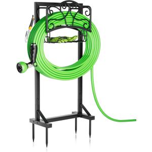 Heavy-Duty Garden Hose Holder with Storage Basket and Tool Hooks, XEAPOMS Stable Hose Hanger Metal Garden Hose Storage Holds 160Ft, Rustproof Freestanding Water Hose Holder for Outside,Yard,Lawn,Farm
