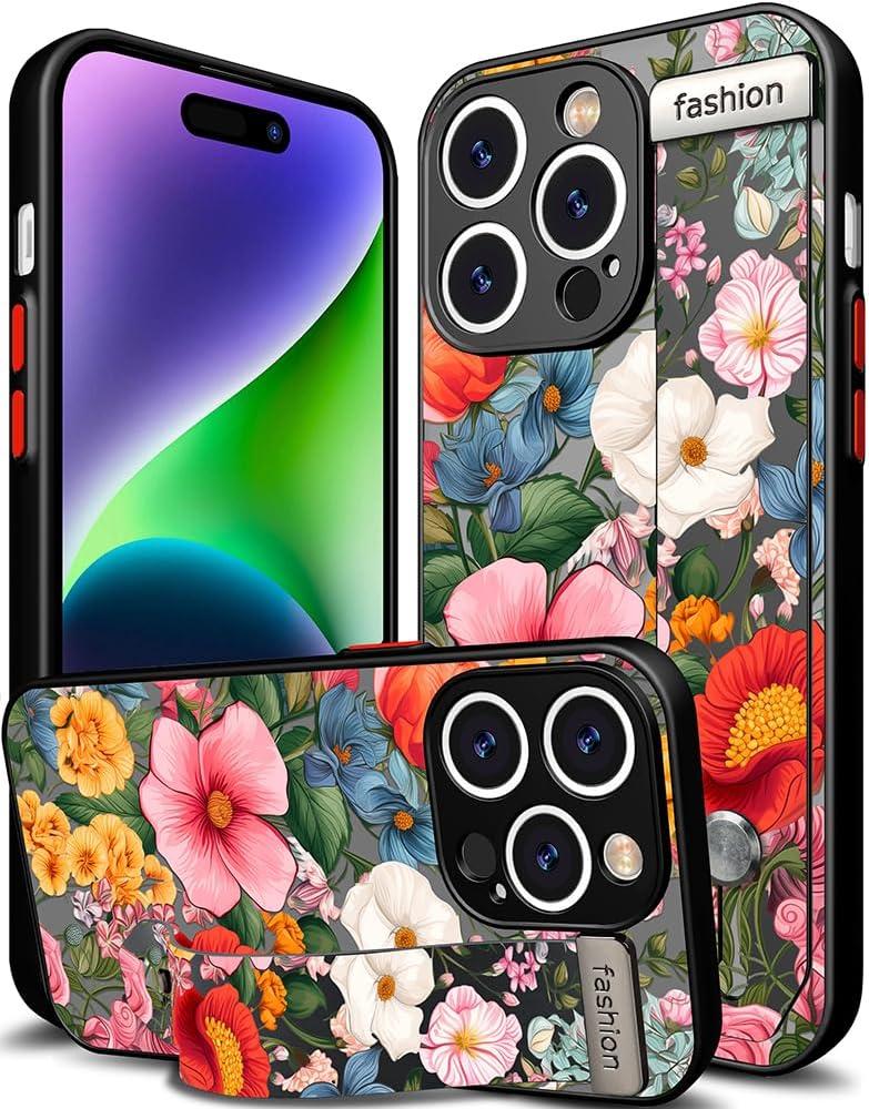 Compatible for iPhone 14 Pro Max Case Cute with Strap Stand Finger Kickstand, Designer Cool Silicone Cases Funda Cover - Red Amazing Flowers Florals