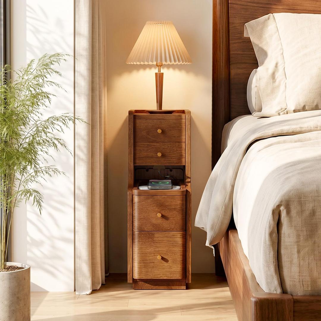 Narrow Nightstand with 4 Drawers, 7.9" Solid Wood Narrow Bedside Table Walnut with Open Shelf & Cable Hole, Modern Night Stand Slim Bedside Table for Bedroom(Fully Assembly)