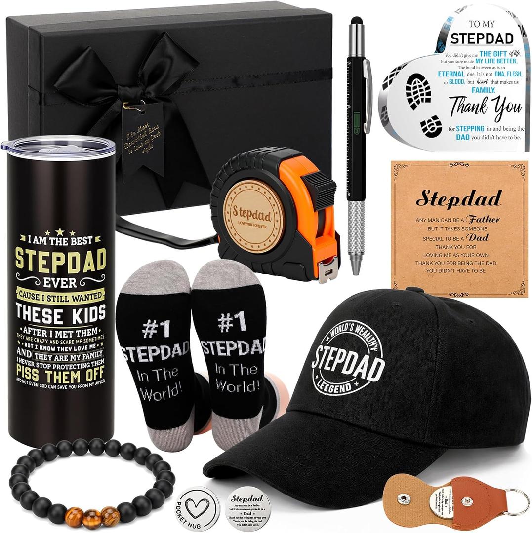 Patelai 9 Pcs Step Dad Father's Day Best Dad Ever Gift Set Includes 20 oz Tumbler with Lid Socks Baseball Cap Tape Measure Bracelet Acrylic Medal Pocket Hug Token Pen Gift Box for Men Birthday