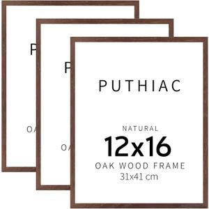 puthiac 12x16 Walnut Oak Wood Picture Frame - Minimalist 12x16 Poster Frame, 12"x16" Picture Frame Wood, Natural Solid Wooden Picture Frames for Wall Art Photo and Prints (3 Pack, Walnut)