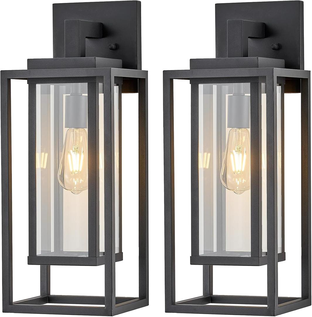 21" Outdoor Wall Light Fixtures Waterproofed Exterior Lantern W/Sturdy Rectangular Double Cage In Satin Black&Clear Tempered Glass,Sconce Mounted For House Patio,Front door,Porch,Garage Lighting 2Pack