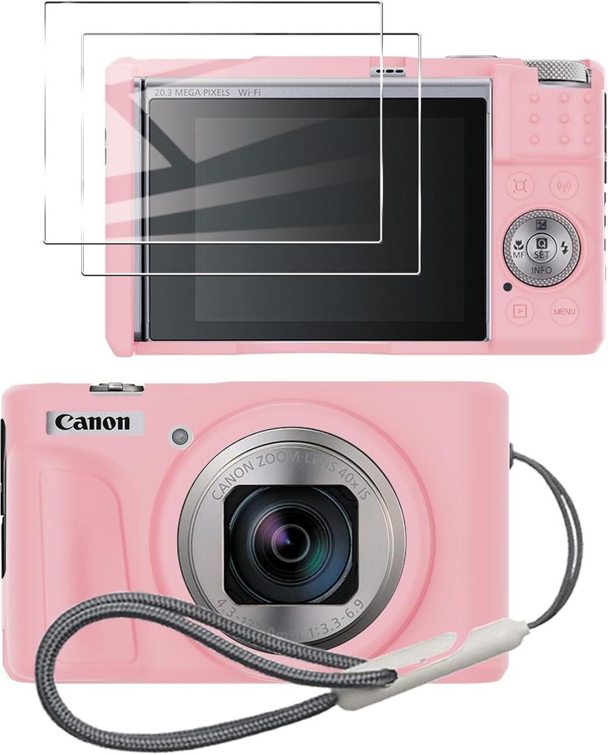 Silicone Case for Canon Powershot SX740/SX730 HS with 2PCS Screen Protector and a Lanyard Canon Powershot SX740/SX730 HS case- (Pink)