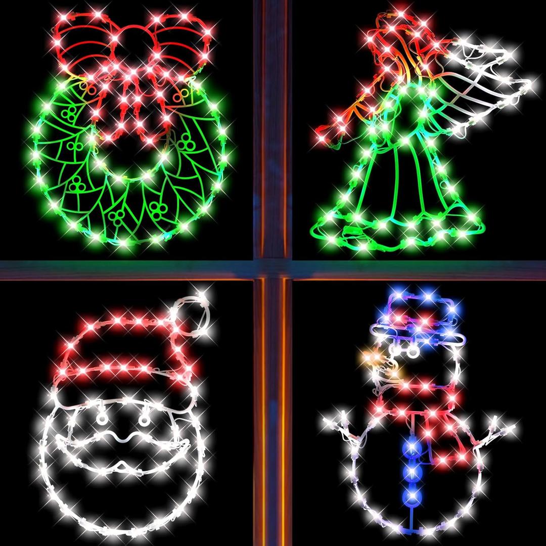 4 Pack Christmas Window Silhouette Lights Decorations, Santa Claus, Wreath, Angel, Snow Man Christmas Window Light for Holiday Wall Door Window Decorations