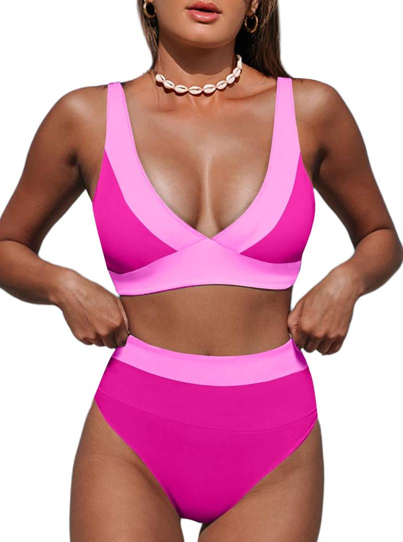 Hilinker Women's Leopard Bikini Swimsuits V Neck High Waisted 2 Piece Bathing Suits (Pink Colorblock, S)