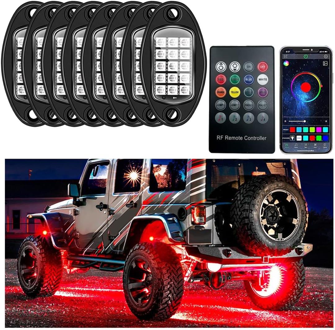 8 Pods Rock Lights for Car, Multi Color RGB LED Rock Lights Kit with APP & Remote Control, Music Mode, Waterproof Underglow Neon Light for Pickup Truck SUV, Car Accessories