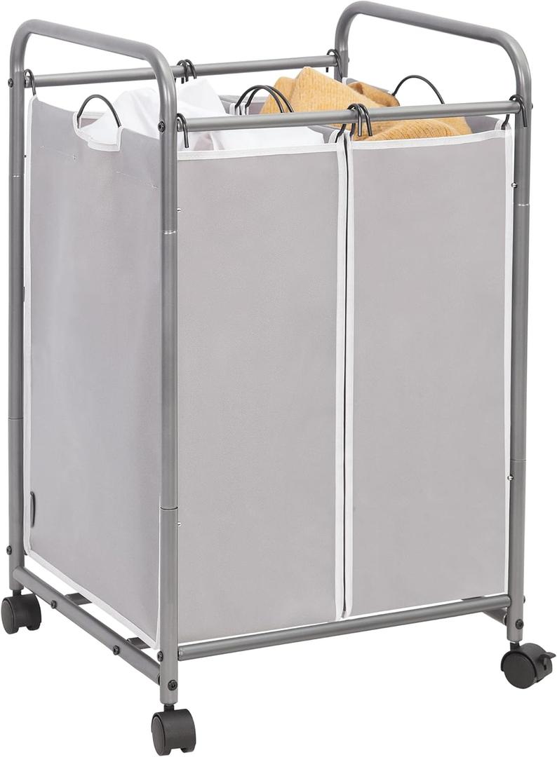 STORAGE MANIAC Laundry Sorter 2 Section, 90 L Gal Laundry Hamper with Wheels, Clothes Basket Separator Sorter, 2 Bag Clothes Cart with Wheels and Removable Bags for Closet, Dorm, Collage, Grey