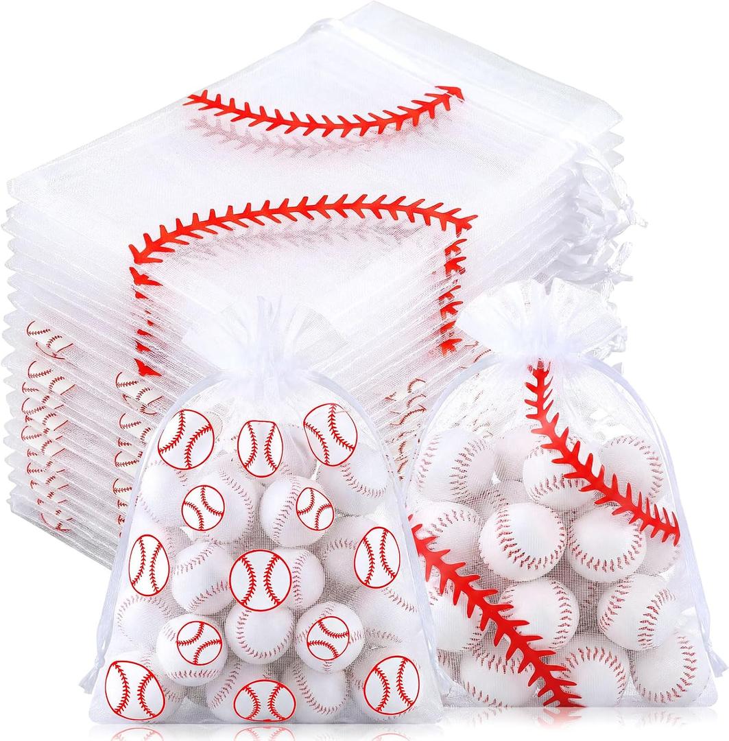 SilTriangle 100 Pcs Baseball Gift Bags 4 x 5 Inch Mesh Gift Bag with Drawstring Organza Pouches Baseball Goodie Bags for Sport Party Favors Candy Birthday Jewelry Soap Wrapping