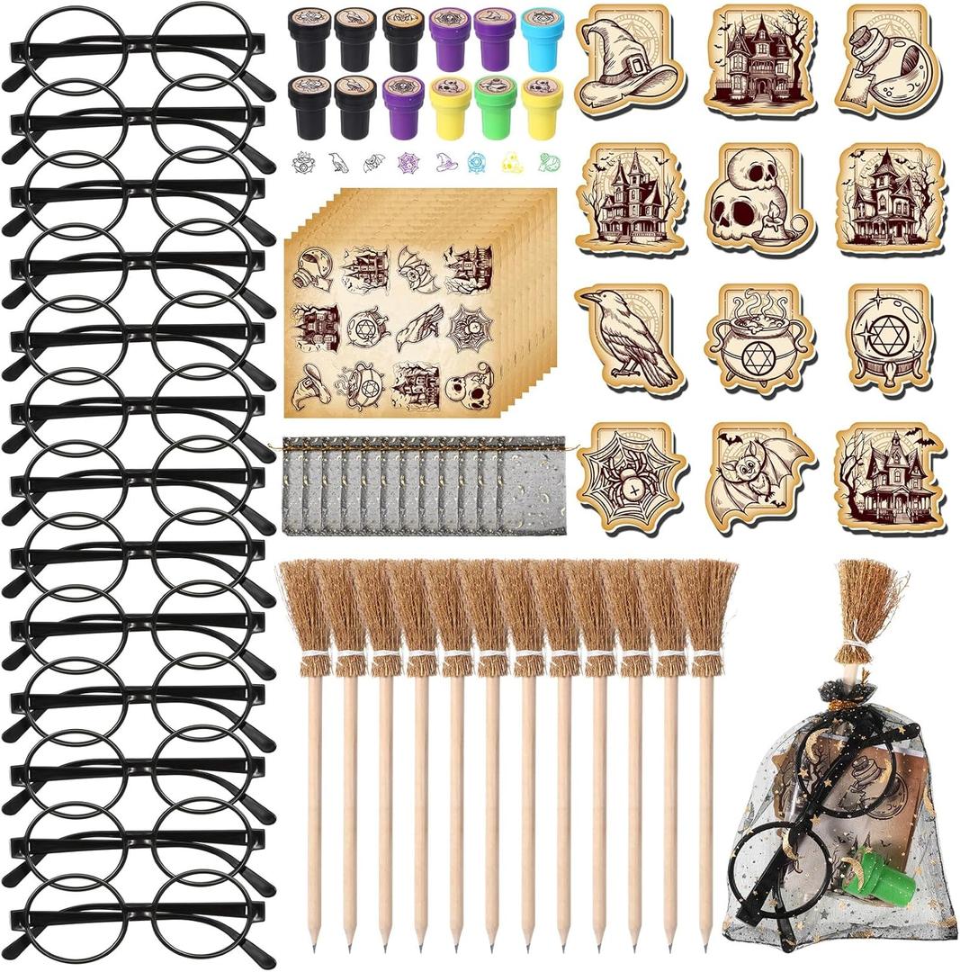 Pasimy 144 Pcs Wizard Party Favors Birthday Decorations with Mini Notebook Black Glasses Pencil Stamp Sticker Gift Bag for Adults Wizard Magical Goody Bag Stuffers Prizes Supplies (Witch Broom)