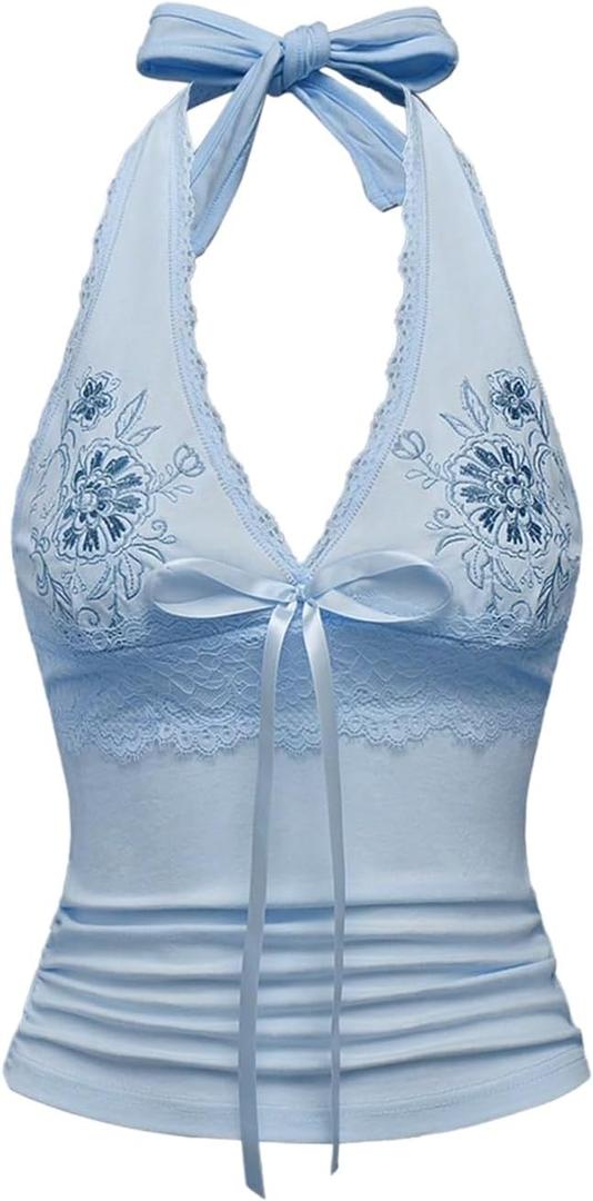 OYOANGLE Women's Y2k Halter Tank Tops Floral Embroidery Bow Lace Trim Ruched Fitted Sleeveless Going Out Top (Blue, L)