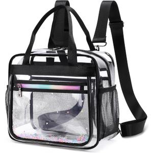 Clear Beach Bag Travel Tote Transparent Backpack for Women Girls Stadium Approved Crossbody Messenger Shoulder Handbag (Black)