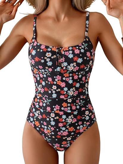 B2prity One Piece Swimsuit for Women Tummy Control Retro Bathing Suit Button Up Slimming Swimwear M Black Flower Print