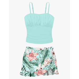 Girls Tankini Swimsuits Two Piece Tropical Print Pleated Bathing Suit with Ruffle Drawstring Skirt Swimwear 15-16Y