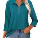 Vivilli Womens Tops Dressy Casual 3/4 Length Sleeve V Neck Shirts and Blouses Zipper Collar Women Polo Shirts (Green, L)
