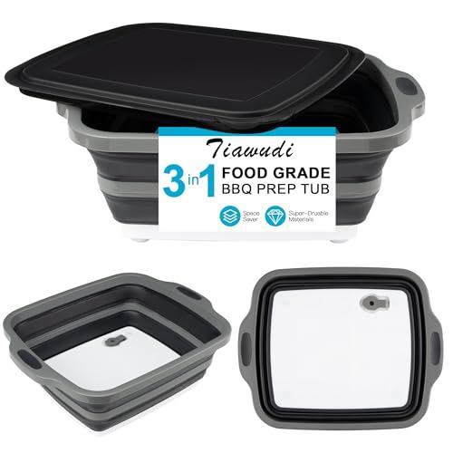 Collapsible Cutting Board with Container, Foldable Camping Sink with Colander, BBQ Prep Tub with Lid, Multifunction Dish Basin for Kitchen, Bowl, Vegetable and Fruit, 2.11 Gal/8L Storage Basket